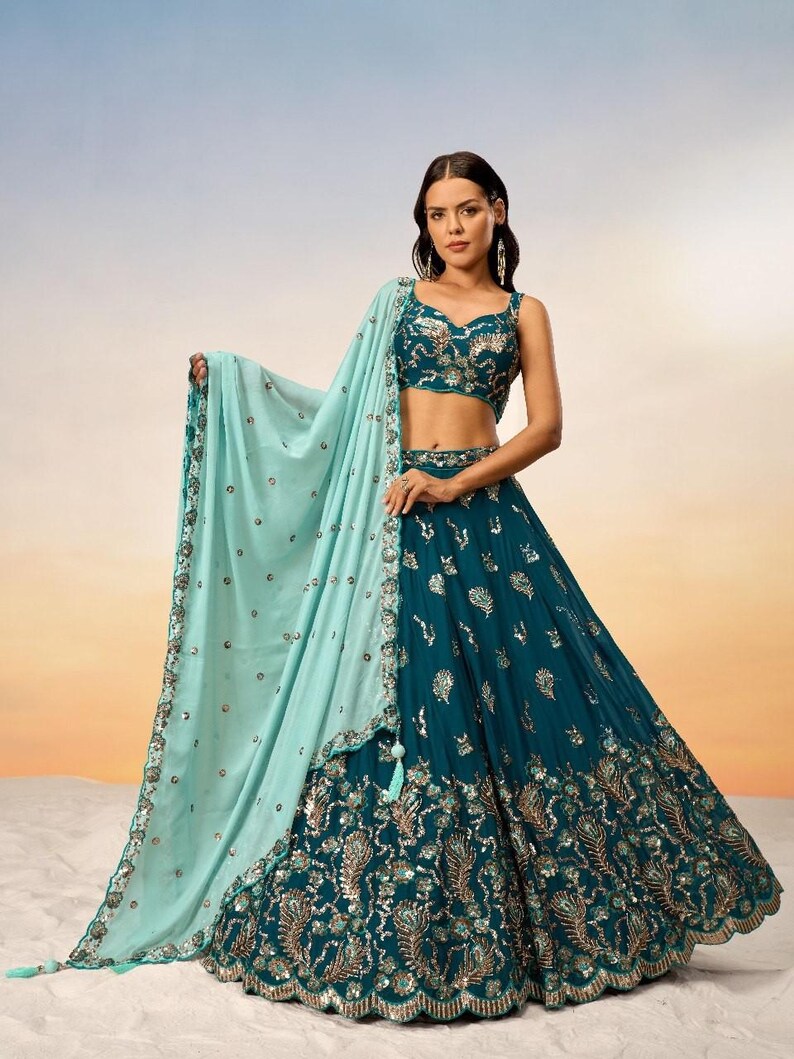 Teal Pure Georgette Lehenga Choli | Embroidered Sequin Work Wedding & Party Wear Lehenga