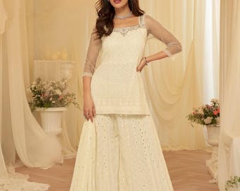 Braut-Sharara-Anzug, cremefarben mit Paillettenstickerei, Georgette-Hochzeitsoutfit