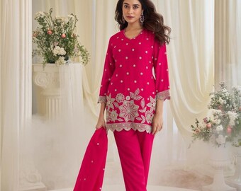 Salwar Kameez de seda pura: bordado Zari com miçangas tradicionais, traje festivo indiano-paquistanês