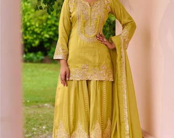 Real Chinon Sharara Suit, Yellow Sequin Embroidery, Festive Wedding Attire