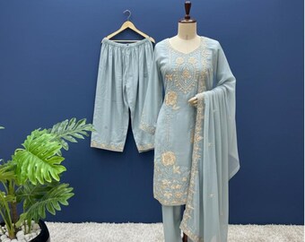 Traje de seda Chinon, bordado azul celeste com miçangas para Sangeet, roupa de casamento indiana