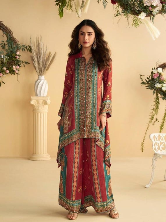 Designer Crepe Silk Salwar Suit, Multicolor Paisley Mirror Work, High-Low Palazzo Set