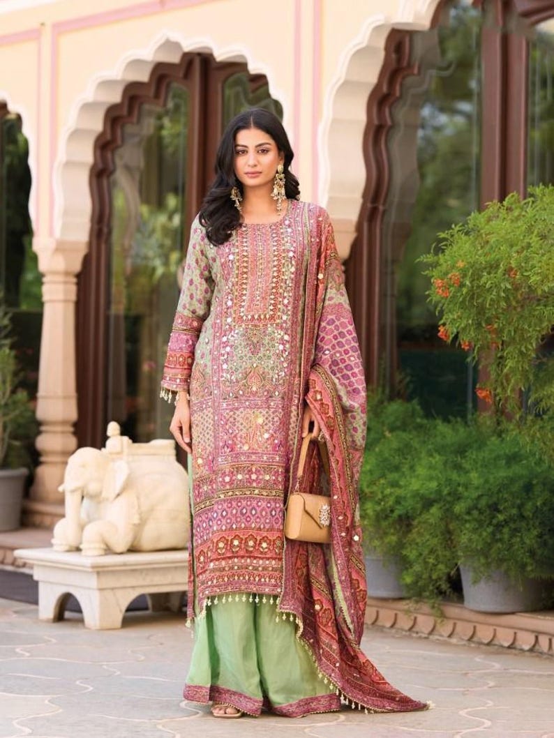 Designer Chinon Silk Salwar Suit: Multicolor Digital Print, Mirror Work Embroidery (Festive Occasion)