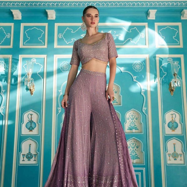 Purple Sharara Set, Mirror Work, Zarkan Embroidery, Georgette, Indian Wedding Suit