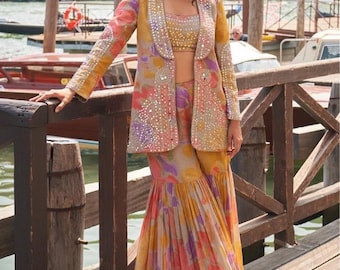 Conjunto Sharara de seda Chinon, estilo jaqueta multicolorida, traje ideal para convidadas de casamento indiano.