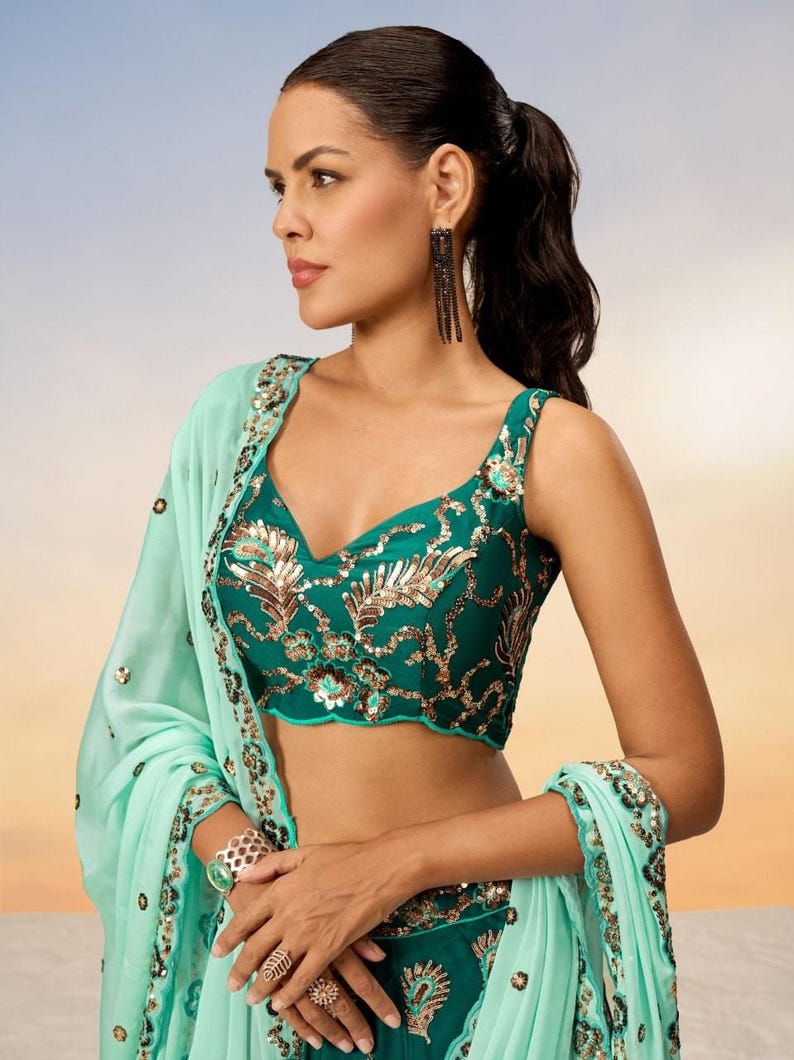 Teal Pure Georgette Lehenga Choli | Embroidered Sequin Work Wedding & Party Wear Lehenga