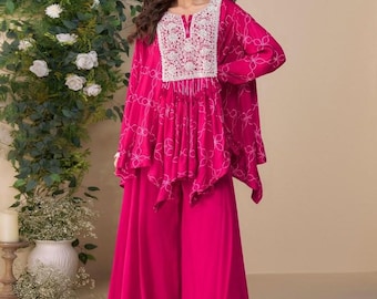 Pink Chinon Silk Kaftan Set | Embroidered Geometric Festive Wear (Made to Measure)