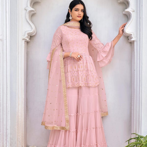 Baby Pink Georgette Sharara Suit: Gold Sequin Ruffle Sleeve Kurti Set