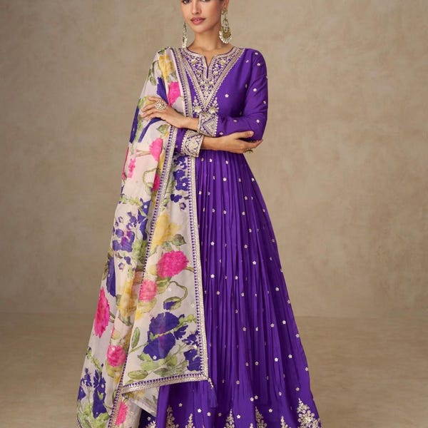 Purple Chinnon Silk Anarkali Gown – Embroidered Zari Thread Festive Wear