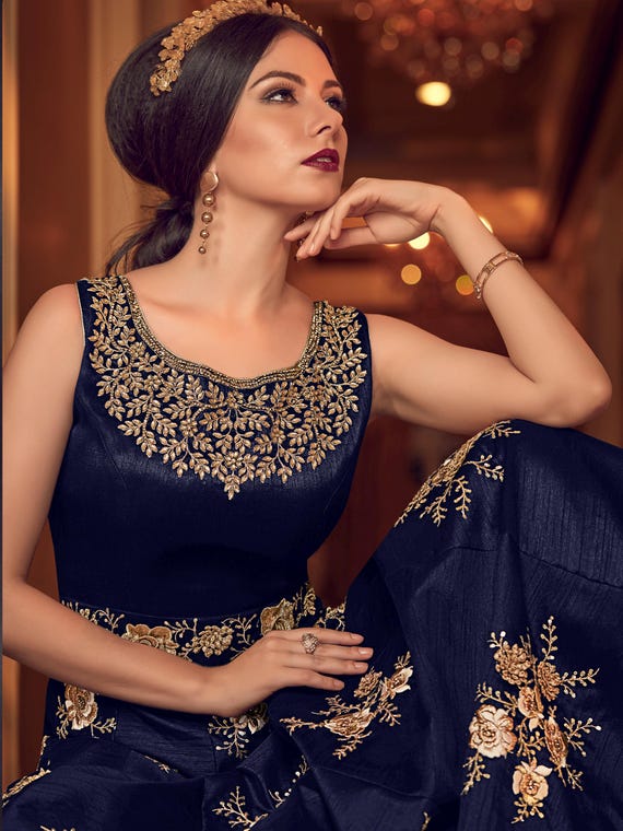 navy blue dress with gold jewelry Silk Gown: Floral Zari Embroidery, Floor Length Flared Evening Wear pattern_Ruffle Size Guide:6 mysoft Women's Kitten Heels Necklace weekend plans