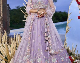 Lavender Silk Lehenga Choli: Floral Embroidery, Sequin Work, Wedding Guest Outfit
