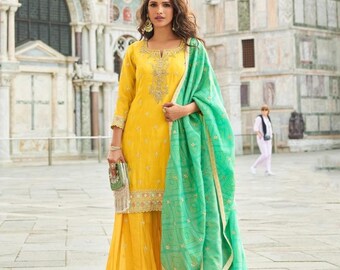 Gelber Seiden-Sharara-Anzug - Dori Zari bestickte indische pakistanische Hochzeitskleidung