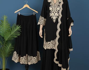 Salwar Kameez de seda Chinon preta: bordado com miçangas, traje de noite paquistanês-indiano