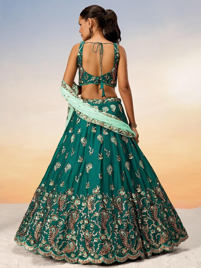 Teal Pure Georgette Lehenga Choli | Embroidered Sequin Work Wedding & Party Wear Lehenga