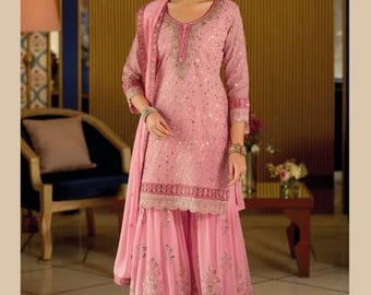 Conjunto Sharara Evasê, Georgette Rosa Autêntica, Bordado Zari para o Eid