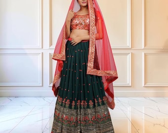 Green Lehenga Choli With Embroidery Work & Red Net Dupatta, Georgette Lehenga, Bangalore Silk Choli, Indian Wedding Festive Wear