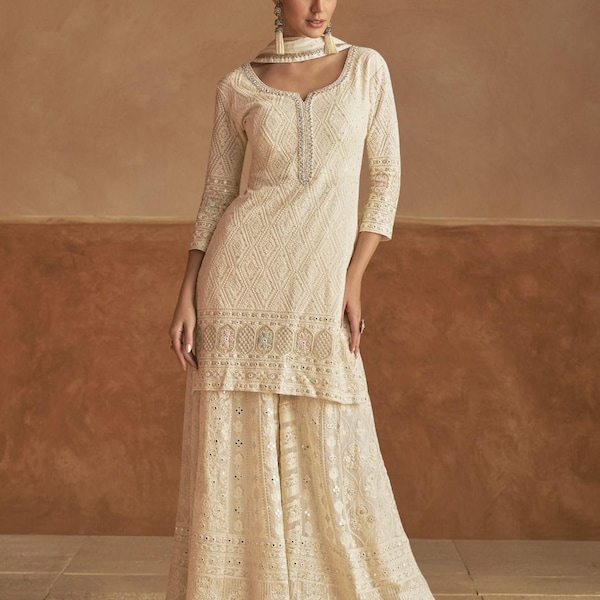 Cream Georgette Sharara Suit, Diamond Thread Work, Hand Fixed Mirrors (Custom Fit)