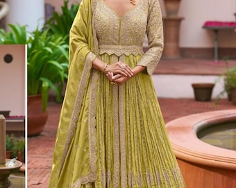 Lemon Green Gown, Embroidered Chinon Silk, Anarkali Style for Mehndi Ceremony