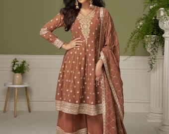 Brautjungfern-Outfit, brauner Pailletten-Sharara-Anzug aus schwerem Georgette mit Dupatta