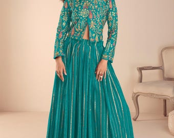 Seidenanzug im pakistanischen Stil, türkisgrünes besticktes Kurta-Set, Designer-Partykleidung