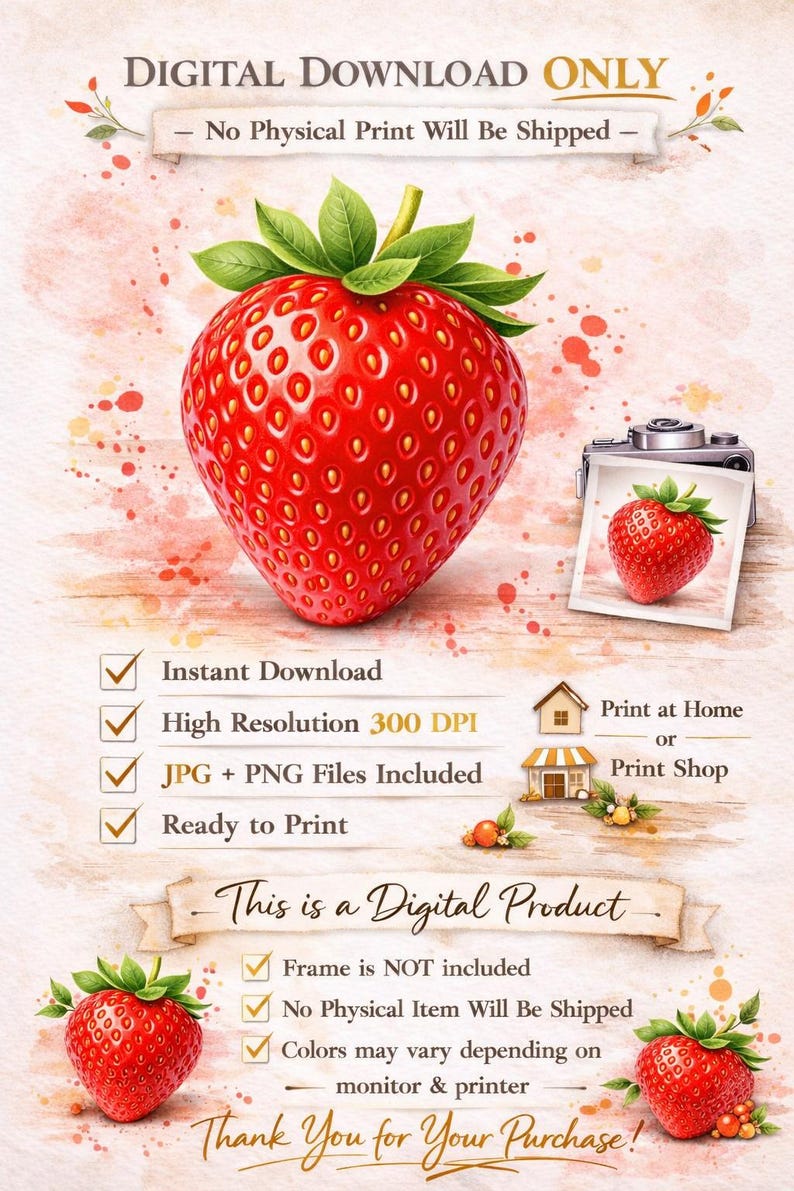 erdbeeren küche zutat druck, obst küche dekor,... Erdbeere Wand Kunst zum ausdrucken, Aquarell Erdbeere Druck, Küche ...