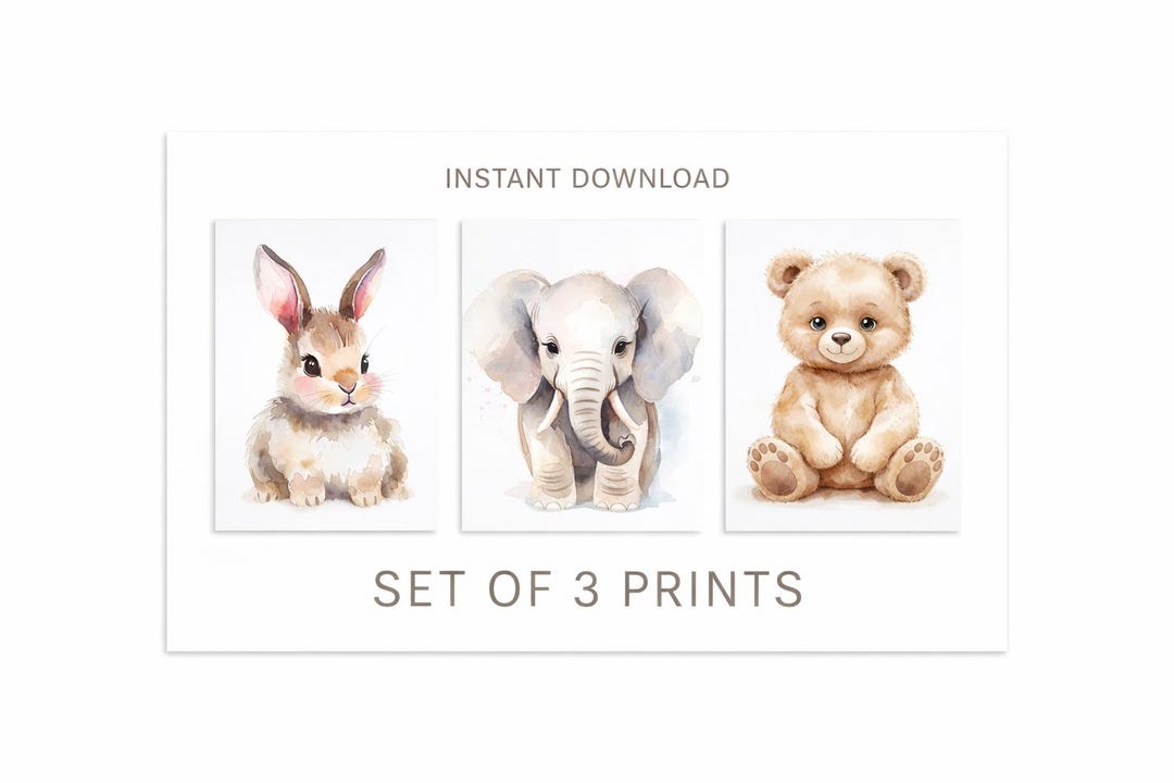 Baby Animal Nursery Wall Art Set of 3 Printable Neutral Kids Room Decor ...