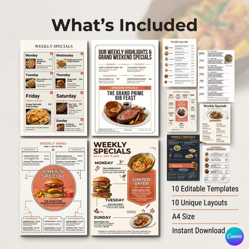 Weekly Specials Menu Template Canva | 10 Editable A4 Designs (digital ...