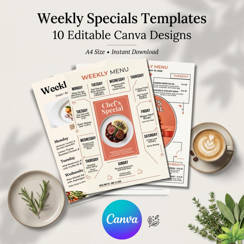 Weekly Specials Menu Template Canva | 10 Editable A4 Designs (digital ...