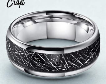 Black Meteorite Inlay Tungsten Ring – Cosmic Statement Band for Men Women