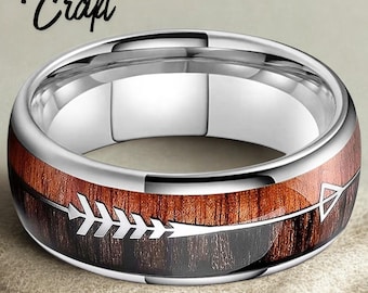 Koa Wood Arrow Inlay  Tungsten Ring – Hawaiian Wood Engagement Band