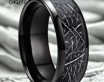 Black Tungsten Ring with Imitated Meteorite Inlay – Domed Band for Men/Women