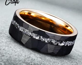 Black Tungsten Carbide Ring with Gold Inner Rim, Geometric Pattern, Iron Shavings Wedding Band