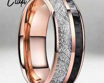 Rose Gold Tungsten Ring: Meteorite, Carbon Fiber Inlay Wedding Band