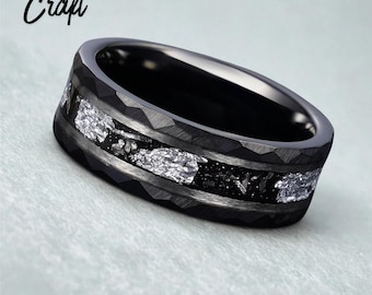 Black Tungsten Carbide Ring with Gold Foil Iron Shavings – Wedding Band, Anniversary Jewelry