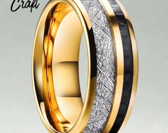 Gold Tungsten Meteorite Carbon Fiber Inlay Ring – Celestial Wedding Band