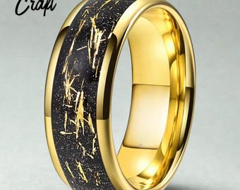 Black Sandblasted Tungsten Ring with Gold Foil Inlay – Unique Wedding Band