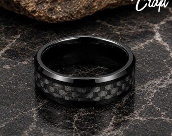 Black Carbon Fiber Tungsten Ring: Beveled Edges, Comfort Fit Band