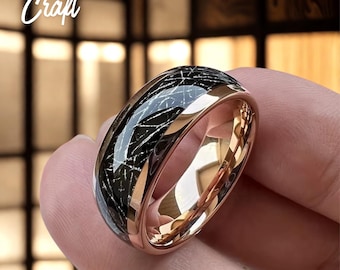 Rose Gold Tungsten Meteorite Inlay Ring – Celestial Engagement Wedding Band