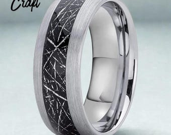 Domed Brushed Black Tungsten Ring with Meteorite Inlay – Engagement Wedding Band