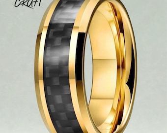Gold Tungsten Ring with Black Carbon Fiber Inlay, Beveled Edges, Comfort Fit Band