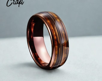Whiskey Barrel Wood Antler Inlay Tungsten Ring – Guitar String Band, Dome Wedding Engagement Gift