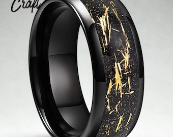 Black Tungsten Ring __ Sandblasted Stone Gold Foil Inlay Band for Men Women