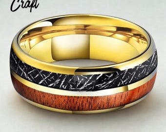 Gold Tungsten Ring with Koa Wood and Meteorite Inlay – Unique Wedding Band