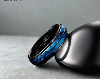 Hammered Blue Tungsten Carbide Ring: Matte Finish Engagement Wedding Band
