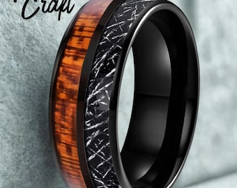 Koa Wood Meteorite Inlay Tungsten Ring: Nature Inspired Statement Band