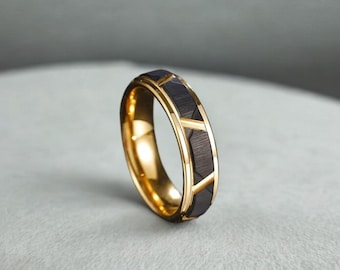 Tungsten Rings Groove Beveled Edge Pattern Brushed Black Gold Color Wedding Bands Engagement Ring