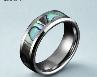 Men's Tungsten Carbide Ring with Green Abalone Shell Inlay – Polished Wedding Band