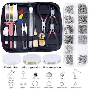 May include: A black zippered case and a clear plastic organizer filled with jewelry-making supplies. The case contains tools like pliers, scissors, and a measuring tool. The organizer holds various metal findings, including jump rings and earring hooks. The image also shows spools of wire.