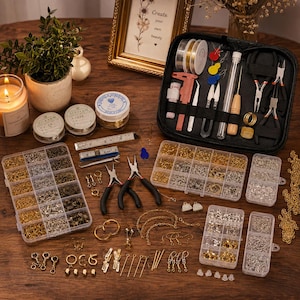 May include: A comprehensive jewelry making kit featuring multiple clear plastic storage containers filled with gold and silver-toned jump rings, clasps, and chains. Includes various pliers, wire spools, a measuring tape, and a black zippered carrying case.