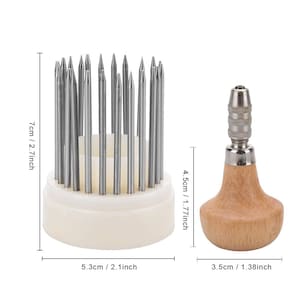 May include: A set of jewellery making tools. Includes a white plastic pin holder with 24 silver pins, each 7 cm long, and a wooden handled reamer, 4.5 cm tall. The pin holder is 5.3 cm wide.